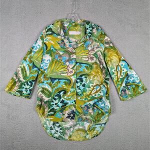 Jams World Shirt Womens Small Green Mosaic Fern Button Up 3/4 Tunic Sleeve